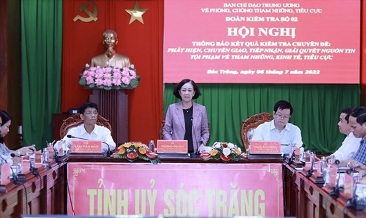 Uỷ viên Bộ Chính trị, Bí thư Trung ương Đảng, Trưởng Ban Tổ chức Trung ương Trương Thị Mai phát biểu tại buổi làm việc. Ảnh: Thu Huyền
