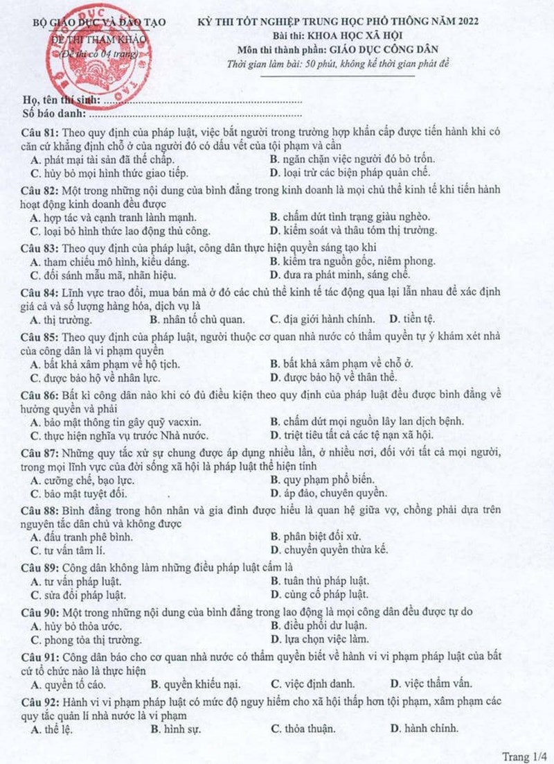 Đáp án đề thi môn Giáo dục công dân (GDCD) đầy đủ 24 mã đề