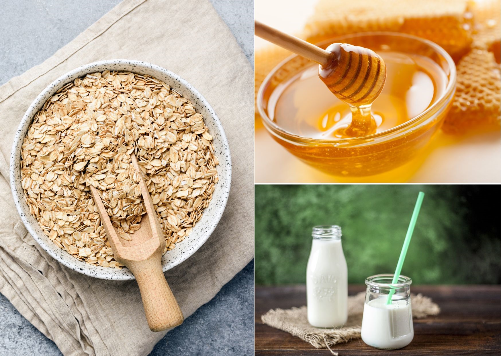 Kết hợp yến mạch, mật ong và sữa giúp tẩy tế bào chết cho da. Đồ họa: Doãn Hằng