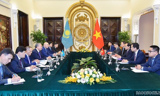 Bộ trưởng Ngoại giao Bùi Thanh Sơn đã có cuộc hội đàm với Phó Thủ tướng, Bộ trưởng Ngoại giao Kazakhstan Mukhtar Tileuberdi. Ảnh: Báo Quốc tế/Bộ Ngoại giao