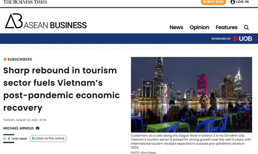 Bài viết trên tờ The Business Times về du lịch thúc đẩy phục hồi kinh tế Việt Nam sau đại dịch. Ảnh chụp màn hình