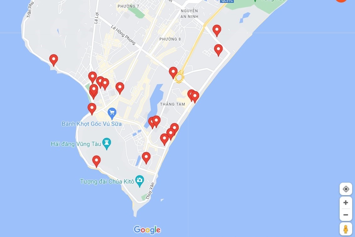 Vị trí các bãi đậu xe ở TP.Vũng Tàu thể hiện trên Google Maps.