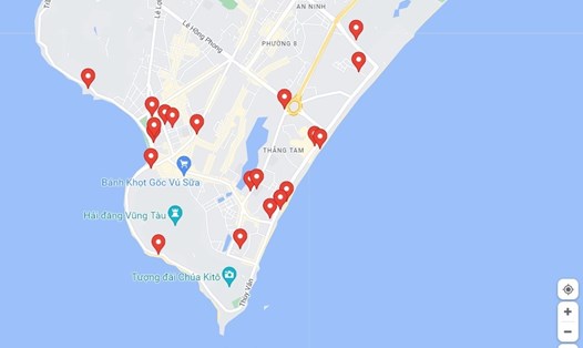 Vị trí các bãi đậu xe ở TP.Vũng Tàu thể hiện trên Google Maps.