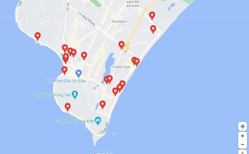 Vị trí các bãi đậu xe ở TP.Vũng Tàu thể hiện trên Google Maps.