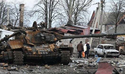 Xe tăng bị phá hủy của lực lượng vũ trang Ukraina ở Volnovakha, Donetsk. Ảnh: Sputnik