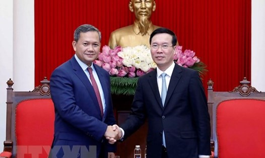 Thường trực Ban Bí thư Võ Văn Thưởng tiếp ông Hun Manet, Phó Tổng Tư lệnh kiêm Tư lệnh Lục quân Quân đội Hoàng gia Campuchia. Ảnh: TTXVN