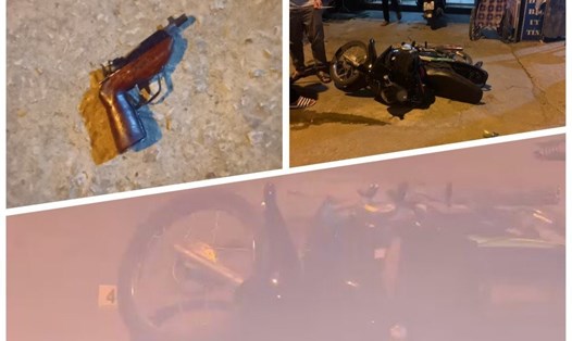 Hiện trường vụ cướp do đối tượng Nguyễn Tất Thảo gây ra gồm súng, xe máy. Ảnh: CANA