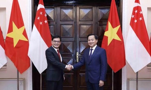 Phó Thủ tướng Lê Minh Khái đón Phó Thủ tướng, Bộ trưởng Điều phối Chính sách Kinh tế Singapore Heng Swee Keat. Ảnh: TTXVN
