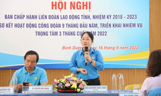 Bà Nguyễn Kim Loan - Chủ tịch LĐLĐ tỉnh Bình Dương - phát biểu chỉ đạo hội nghị.
