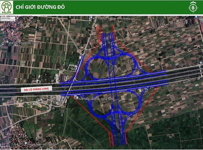 Sơ đồ chỉ giới đường đỏ nút giao giữa đường Vành đai 4 với Đại lộ Thăng Long