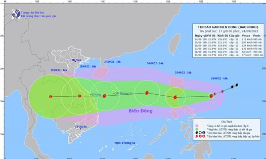 Vị trí và đường đi của bão Noru. Ảnh: Trung tâm Dự báo KTTV Quốc gia.