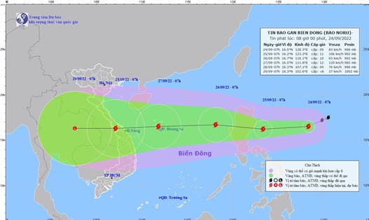 Dự báo hướng di chuyển của bão Noru. Ảnh: Trung tâm dự báo KTTV Quốc gia