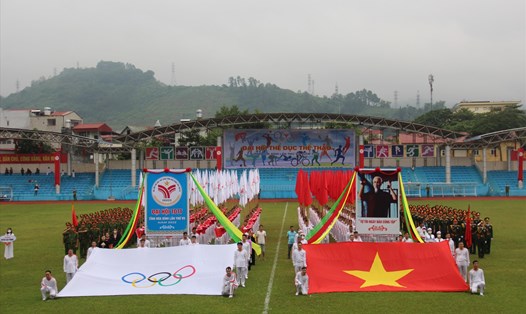 Chương trình tổng duyệt lễ khai mạc Đại hội thể dục thể thao tỉnh Hoà Bình. Ảnh: Đỗ Hà