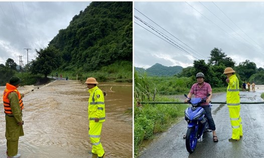 Lãnh đạo Công an huyện Quỳ Hợp ( Nghệ An)  chỉ đạo lực lượng Cảnh sát giao thông kiểm tra, chốt chặn các cầu tràn, đảm bảo an toàn cho người dân. Ảnh: Quỳnh Trang