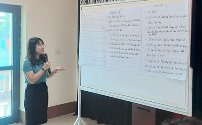 Một chủ tịch công đoàn cơ sở trình bày bài tập nhóm về nội dung tập huấn kỹ năng thương lượng, ký kết thỏa ước lao động tập thể.