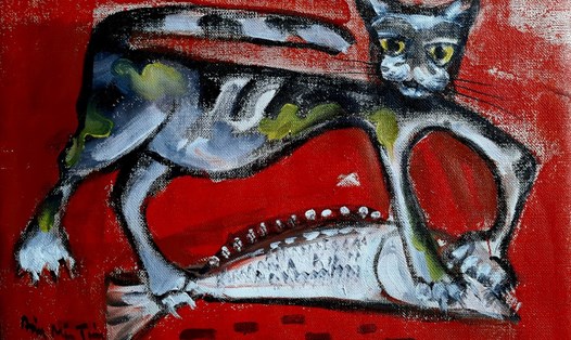 Tranh mèo trong triển lãm 12 con giáp của họa sĩ Đặng Mậu Tựu. Ảnh: Tường Minh