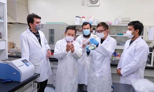 Giáo sư, Tiến sĩ Trần Đăng Xuân (thứ hai từ trái sang) và Tiến sĩ Nguyễn Văn Quân (thứ hai từ phải sang) trao đổi với các nghiên cứu sinh tại Đại học Hiroshima về hợp chất Momilactones A và B. Ảnh: TTXVN