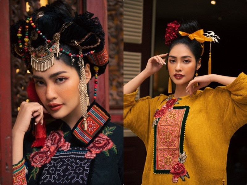 Hoa hậu Nông Thúy Hằng quảng bá áo dài thổ cẩm dịp Tết