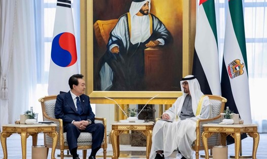 Tổng thống Hàn Quốc Yoon Suk-yeol (trái) gặp người đồng cấp UAE, Sheikh Mohammed bin Zayed al-Nahyan. Ảnh: AFP