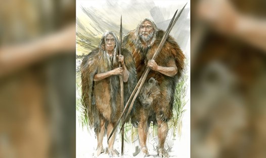 Tranh minh hoạ người thời kỳ đồ đá quấn lông gấu trong mùa đông giá rét. Ảnh: Journal Of Human Evolution
