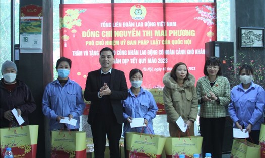 Bà Nguyễn Thị Mai Phương (thứ hai từ phải sang) và ông Lê Đình Hùng trao quà Tết cho 50 công nhân lao động khó khăn huyện Thanh Trì. Ảnh: Ngọc Ánh