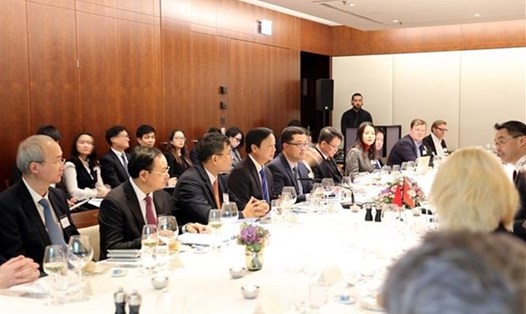 Phó Thủ tướng Trần Hồng Hà (thứ 4 từ trái sang) đối thoại với các tập đoàn, quỹ đầu tư. Ảnh: TTXVN