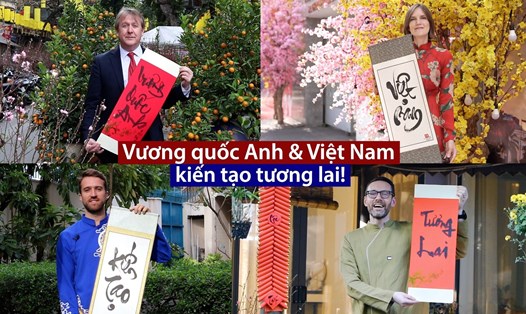 Đại sứ Anh Iain Frew (dưới, phải), Tổng lãnh sự Anh Emily Hamblin (phải, trên) cùng các đồng nghiệp của phái đoàn Vương quốc Anh tại Việt Nam chúc mừng năm mới Quý Mão 2023. Ảnh: ĐSQ Anh
