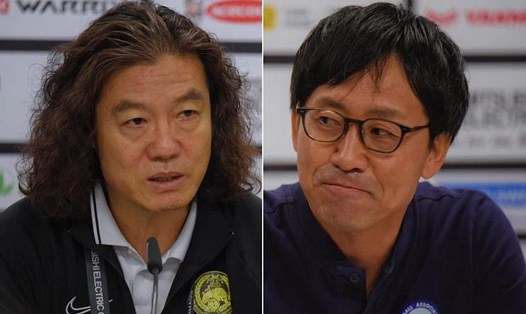 Huấn luyện viên tuyển Malaysia Kim Pan-gon (trái) và Nishigaya của Singapore đều thi nhau chơi đòn tâm lý chiến trước đối thủ. Ảnh: NST
