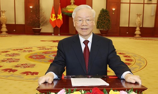 Tổng Bí thư Nguyễn Phú Trọng gửi lời chúc Tết Xuân Quý Mão 2023. Ảnh: TTXVN