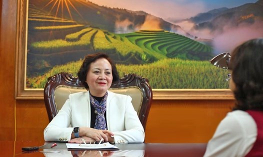 Bộ trưởng Bộ Nội vụ Phạm Thị Thanh Trà trả lời phỏng vấn báo chí dịp xuân Quý Mão. Ảnh: Thanh Hải