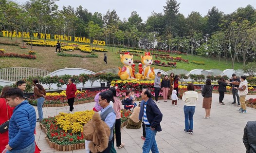Nhiều người đến đường hoa Hồ Tùng Mậu (TP Vinh, Nghệ An) để chụp ảnh, check-in với cặp linh vật mèo được đánh giá là “siêu cute”. Ảnh: Quang Đại
