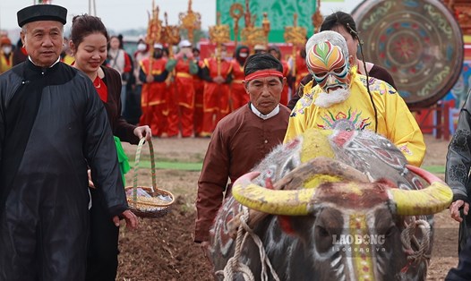 Một cụ cao niên khoác áo long bào, hoá thân thành vua Lê Đại Hành thực hiện nghi lễ tại lễ hội tịch điền lần thứ 14 sáng 28.1.