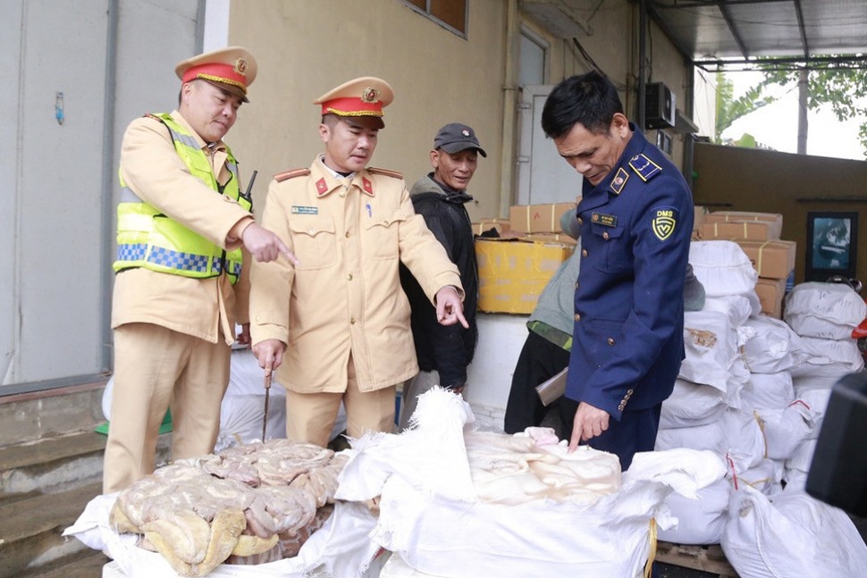 Gần 1 tấn nội tạng mốc mùi hôi thối này đã bị tịch thu tiêu hủy, tài xế Chung vận chuyển cũng bị xử phạt 17 triệu đồng. Ảnh Công an cung cấp.