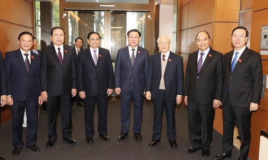 Tổng Bí thư Nguyễn Phú Trọng cùng các đồng chí lãnh đạo Đảng, Nhà nước dự Phiên khai mạc Kỳ họp bất thường thứ 2, Quốc hội khóa XV ngày 5.1. Ảnh: TTXVN