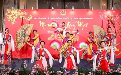 Các tiết mục văn nghệ cây nhà lá vườn do bà con kiều bào dàn dựng và biểu diễn. Ảnh: TTXVN
