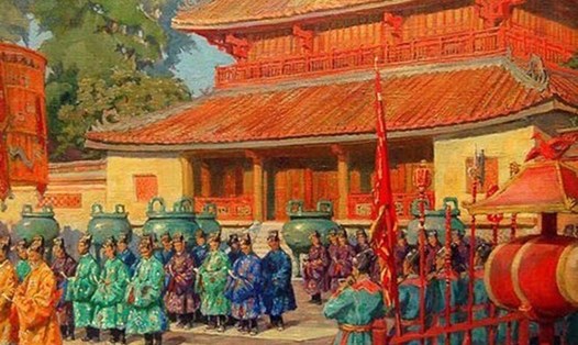 Tranh vẽ đại lễ ngày mùng 1 Tết ở Thế Miếu - Đại nội Huế năm 1923. 
Ảnh: Tư liệu sách "Hồi ức Kinh thành Huế đầu thế kỷ 19".
