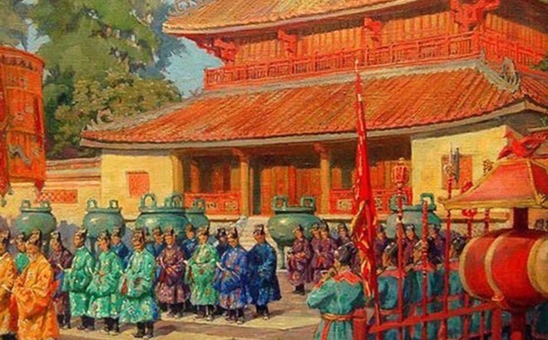 Tranh vẽ đại lễ ngày mùng 1 Tết ở Thế Miếu - Đại nội Huế năm 1923. 
Ảnh: Tư liệu sách "Hồi ức Kinh thành Huế đầu thế kỷ 19".