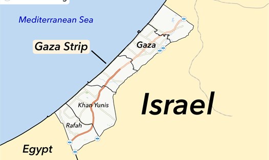 Dải Gaza được bao quanh bởi Israel, Ai Cập và biển Địa Trung Hải. Ảnh: Wiki
