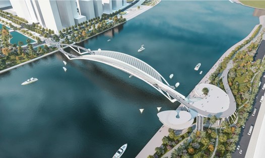 Phối cảnh thiết kế cầu đi bộ vượt sông Sài Gòn hình lá dừa nước.  Ảnh: Sở Quy hoạch Kiến trúc TPHCM
