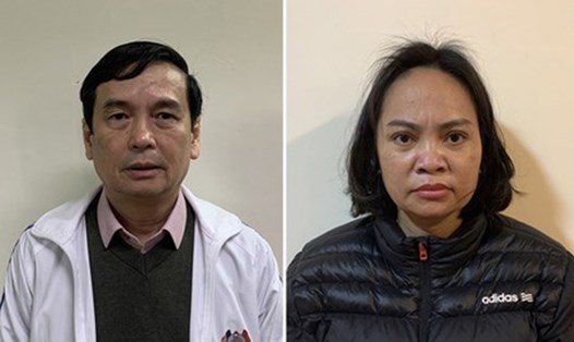Hai bị can Nguyễn Văn Định và Nguyễn Thị Hồng Thắm thời điểm bị khởi tố, điều tra trong đại án Việt Á. Ảnh: BCA