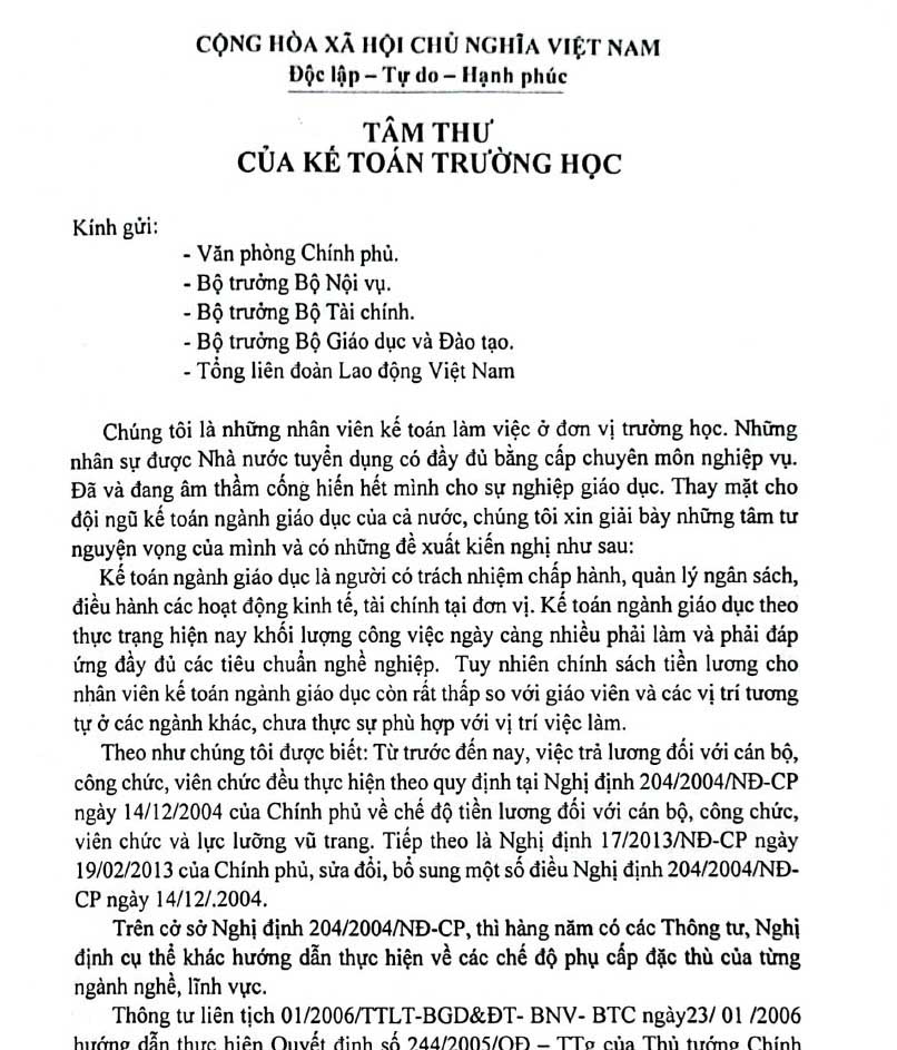 Tâm thư của 76 kế toán trường học huyện Đô Lương (Nghệ An). Ảnh: Quang Đại