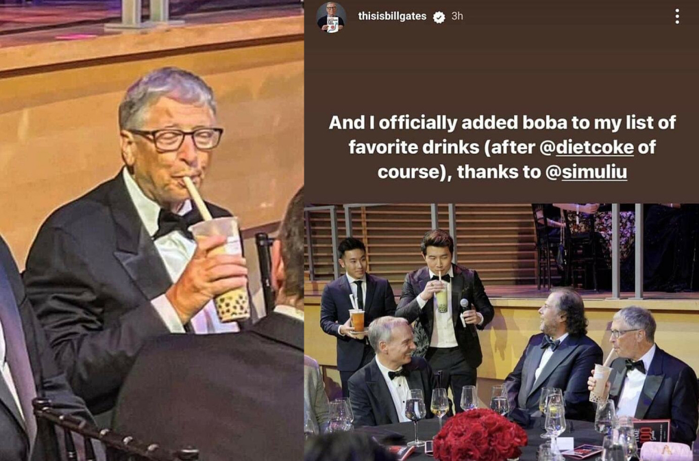 Hình ảnh tỉ phú lần đầu uống trà sữa tại một sự kiện vào năm ngoái. Ảnh: Instagram