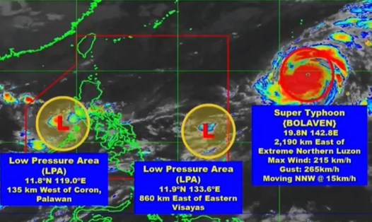 Hai áp thấp bên trong khu vực quản lý của Philippines (trái) và siêu bão Bolaven. Ảnh: PASAGA