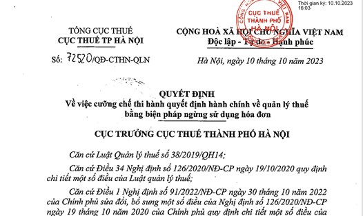 Cục Thuế TP Hà Nội vừa có các quyết định cưỡng chế hoá đơn đối với doanh nghiệp nợ thuế quá hạn. Ảnh: Trí Minh. 