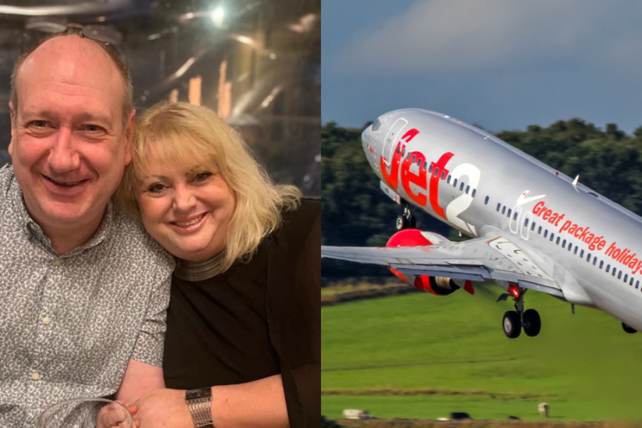  Helen Taylor cùng chồng trên máy bay Jet2. Ảnh: Travel Weekly 