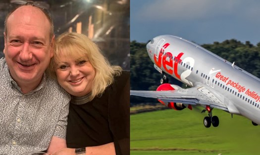 Helen Taylor cùng chồng trên máy bay Jet2. Ảnh: Travel Weekly