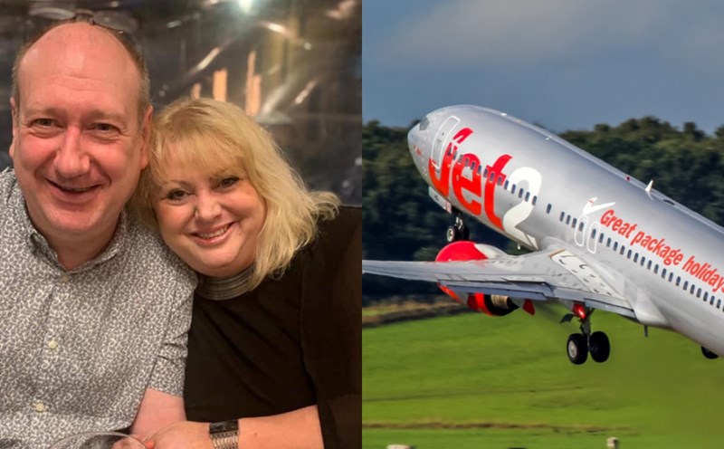 Helen Taylor cùng chồng trên máy bay Jet2. Ảnh: Travel Weekly