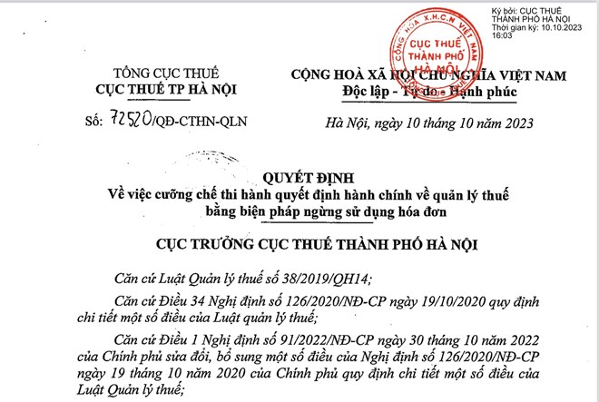 Cục Thuế TP Hà Nội vừa có các quyết định cưỡng chế hoá đơn đối với doanh nghiệp nợ thuế quá hạn. Ảnh: Trí Minh. 