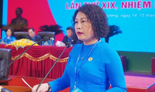 Bà Ngô Thị Thanh Hoà tái đắc cử Chủ tịch Liên đoàn Lao động tỉnh Hải Dương khoá XIX. Ảnh: Mai Dung