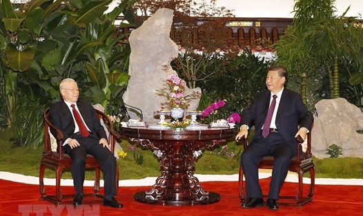 Tổng Bí thư Nguyễn Phú Trọng dự tiệc trà cùng Tổng Bí thư, Chủ tịch Trung Quốc Tập Cận Bình nhân chuyến thăm chính thức Trung Quốc, ngày 31.10.2022. Ảnh: TTXVN